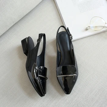 Black patent leather shoes for women Pointed Toe Square heel low heels sandals women Mature Slingback pumps shallow shoes woman