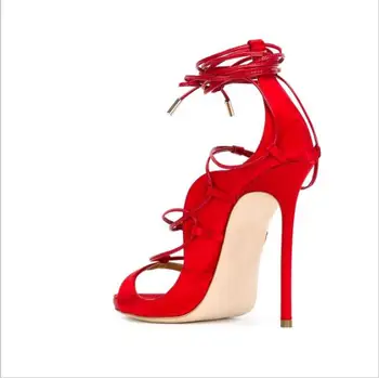 New Fashion Red Suede Lace-up High Heel Sandals Woman Sexy Open Toe Cut-Outs Sandals Summer Fashion Thin Heels