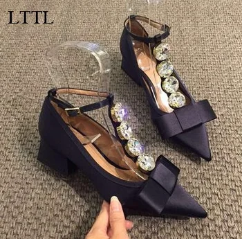 2017 Elegant Women Shoe Spring Party Solid Black Buckle Strap Pointed Toe High Heels Crystal T-tied Bowtie Women Pumps