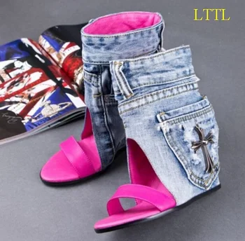 Fashion Spring/Summer Sandal Ankle Boots Women Round Toe Rover Casual SlipOn Flat with No Heels Denim Zapatos Mujer