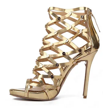 Fashion Woman Cut-outs Solid Gold Color Patent Leather Zipper Dress Sandals Stylish Sandals For Women