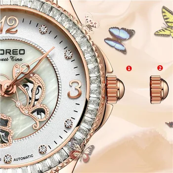 LOREO Luxury Women'S Bracelet Watch Leather Rhinestone Mechanical Wristwatches Dress Watches Relogio Feminino Cancer'S Watch K53
