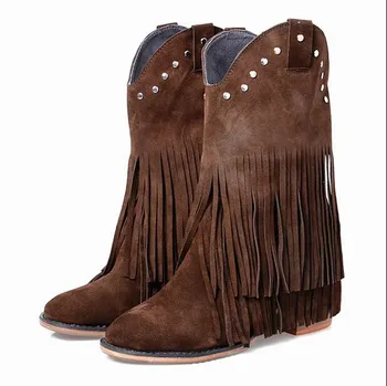 Hot Selling Pointed Toe Footwear Gray Top Leather Tassels Fringe Boots Mid-Calf Chunky High-Heeled For Women
