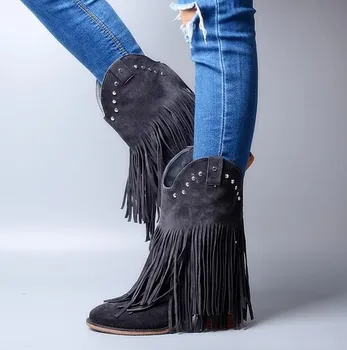 Hot Selling Pointed Toe Footwear Gray Top Leather Tassels Fringe Boots Mid-Calf Chunky High-Heeled For Women