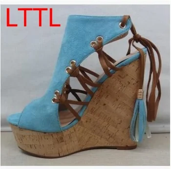 Light Blue Orange Color High Wedges Women Sandals Summer Peep Toe Ankle Cross Tied Sandals Rome Style Sweet Ladies Shoes
