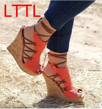 Light Blue Orange Color High Wedges Women Sandals Summer Peep Toe Ankle Cross Tied Sandals Rome Style Sweet Ladies Shoes