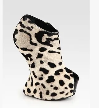 Women Platform Heels Fashion Off-White Leopard Print Short Boots Concise Side Zipper S-Shaped Heel Peep Toe Wedge Ankle Boots