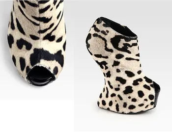 Women Platform Heels Fashion Off-White Leopard Print Short Boots Concise Side Zipper S-Shaped Heel Peep Toe Wedge Ankle Boots