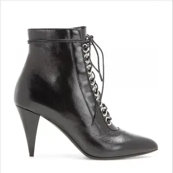 Luxury Women Black Lace up Sexy Pointed Toe Spike High Heel Shoes Ankle Boots Women Shoes