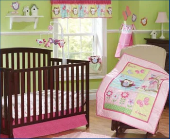 Promotion! 7PCS Appliqued Baby Cot Crib Bedding set for girl Comforter,include(bumper+duvet+bed cover+bed skirt)