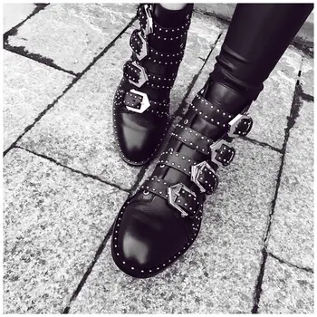 2017 Hot Selling Newest Brand Black Multi-Buckle Boots Punk Style Flat Women Ankle Boots Black Leather Fashion Winter Boots