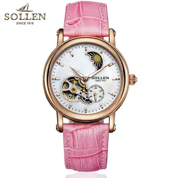 SOLLEN watches women luxury brand automatic mechanical hollow skeleton moon phase closer heart Italian calfskin rose gold pink