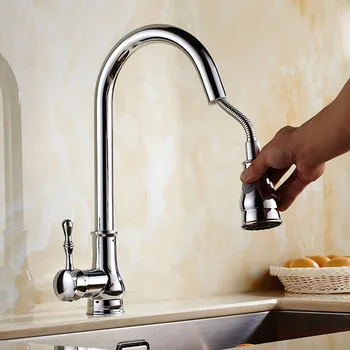 Hot Retail Chrome Kitchen Faucet Pull Out&Down Rotatable Spray Brass Hot&Cold Water Mixer Taps Kitchen Accessories