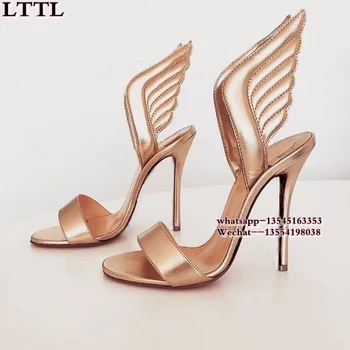 2017 New Top Butterfly Wing Gold Leather Women Sandals High Heels Ankle Strappy Buckle Wedding Shoes Woman Summer Gladiators
