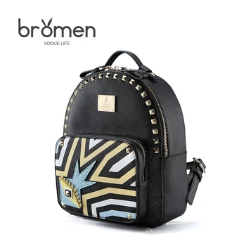Bromen Personality Fashion Rivet Pu Leather Women Backpack 2017 Brand Design Hit Color Tote Bags College Wind Ladies Schoolbag