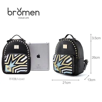 Bromen Personality Fashion Rivet Pu Leather Women Backpack 2017 Brand Design Hit Color Tote Bags College Wind Ladies Schoolbag