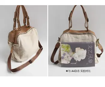 Vendange New fashion Linen & geniune cow leather Patchwork style handbag, Handmade Casual crossbody bag 2352