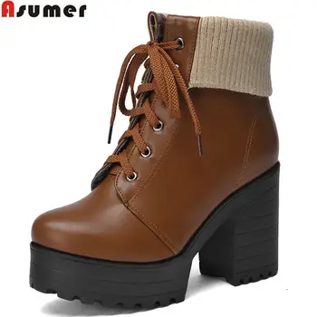 Plus size new fashion soft pu leather ankle boots autumn winter boots women shoes lace up platform shoes woman