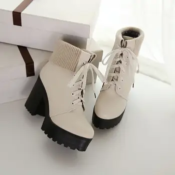Plus size new fashion soft pu leather ankle boots autumn winter boots women shoes lace up platform shoes woman