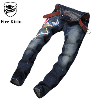 Fire Kirin Phoenix Embroidered Jeans Men 2017 Designer Men Jeans Famous Brand Slim Fit Mens Printed Jeans Biker Denim Pants P12