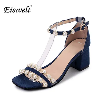 Eiswelt New Womens Sandals Summer 2017 High Heels Sandals Women Summer Shoes Pearl Denim Sandals Sexy Gladiator Sandals#EGMJ107