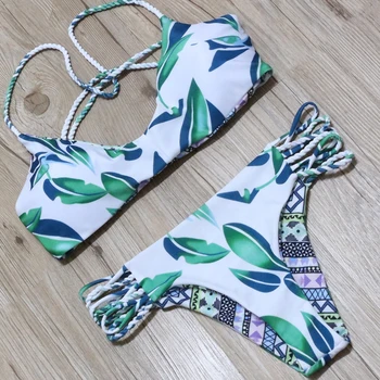 2017 Brazilian Bikini Set Green leaves Pattern Bikini Geometric Print Swimwear Beach Bathing Suits Cross Back Swim Wear Biquini