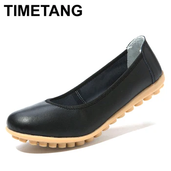 TIMETANG Breathable Ballet Shoes Genuine Leather Casual Work Shoe Solid Female Flat Shoes Women Flats Moccasins