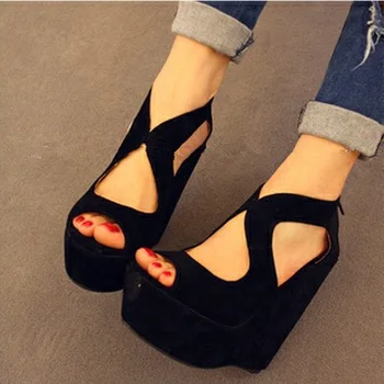 Summer night club hot style Wedge heel fish mouth shoes Thick bottom waterproofing strap black female sandals