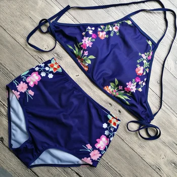 Sexy Print Two-piece Swimsuits High Neck Bikini 2017 Floral High Waist Bathing Suit Women Beach Biqiuni Swimwear Female Plavky