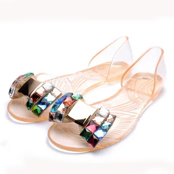Sandals Women 2016 Summer Jelly Flat Sandals Transparent peep toe Crystal Clogs Beach shoes Jelly Shoes Woman 6d12T