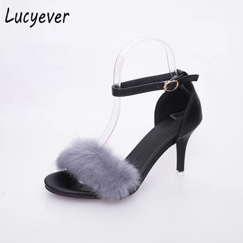 Lucyever 2017 Summer High Heels Sandals Fashion Buckle Faux Rabbit Fur Ladies Shoes Sweet Open Toe Thin Heel Casual Shoes Woman