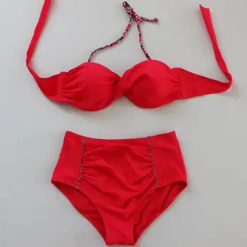 2017 print high waist women beachwear floral print red bikini vintage swimwear two pieces swimwear women bikini set