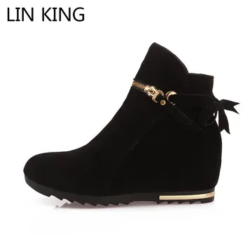 LIN KING Warm Plush Cotton Women Winter Boots Sweet Suede Zipper Ankle Shoes Fashion Height Increase Short Boots Single Shoes