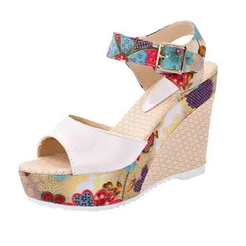 HEE GRAND Floral Print Wedges Heel Sandals Summer Shoes Woman Buckle Strap Platform Sandals XWZ2557