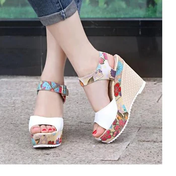 HEE GRAND Floral Print Wedges Heel Sandals Summer Shoes Woman Buckle Strap Platform Sandals XWZ2557