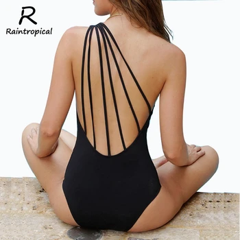 2017 New Sexy One Piece Swimsuit Women Swimwear Bandage Vintage One Shoulder Beachwear Bathing Suits Black Monokini Swimsuit XL