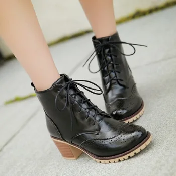 2016 Vintage Fashion Brand Big Feet Shoes Women Boots Lace Up Block Heel Martin Botas Thick Heel Ankle Boots For Women US 10.5