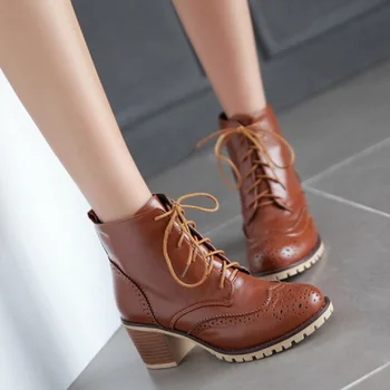 2016 Vintage Fashion Brand Big Feet Shoes Women Boots Lace Up Block Heel Martin Botas Thick Heel Ankle Boots For Women US 10.5