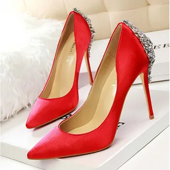 Luxury Brand Fashion Sexy Women Rhinestone Wedding Shoes Pumps 10.5cm High Heels Crystal Shoes Red Black Green For OL Lady