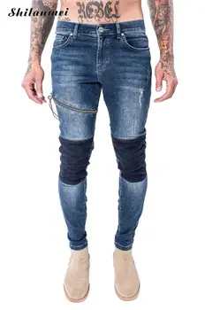 Denim Men Jeans 2017 fake designer clothes man biker jeans Middle Waist Pencil skinny washed patchwork motorcycle jeans men