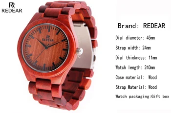REDEAR Male Natural Red Sandalwood Watches Men Casual Watch Antique Quartz Maple Wooden Wristwatches Hours Relogios masculinos