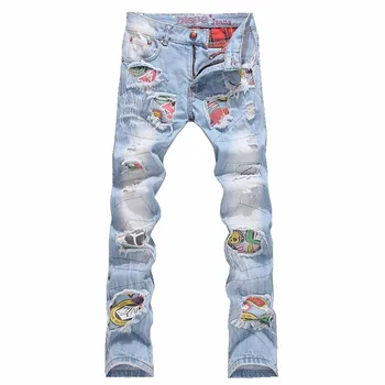 2016 Men's fashion patchwork hole ripped jeans Casual slim fit denim beggar pants Long trousers CHOLYL