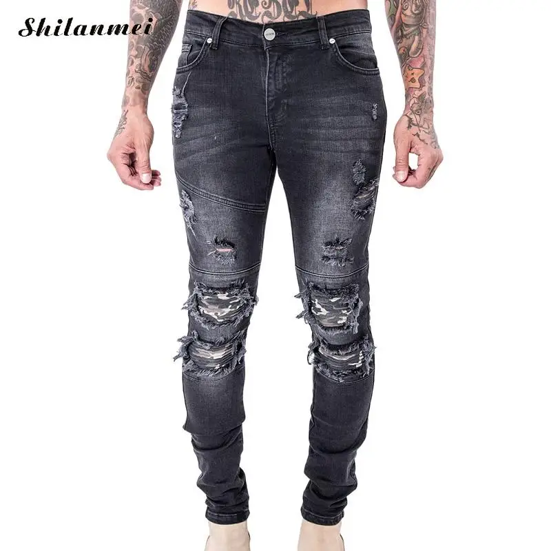 Denim Men Jeans 2017 fake designer clothes man biker jeans skinny frayed patchwork motorcycle jeans men black slim men trousers