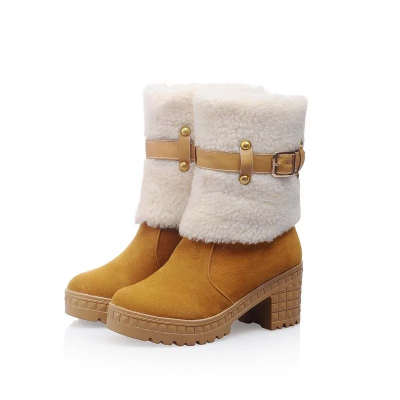 AirfourNew Sonw Keep Warm Autumn Winter Platform Buckle Boots Round Toe Red Wedges Thick High-heels Women Boots