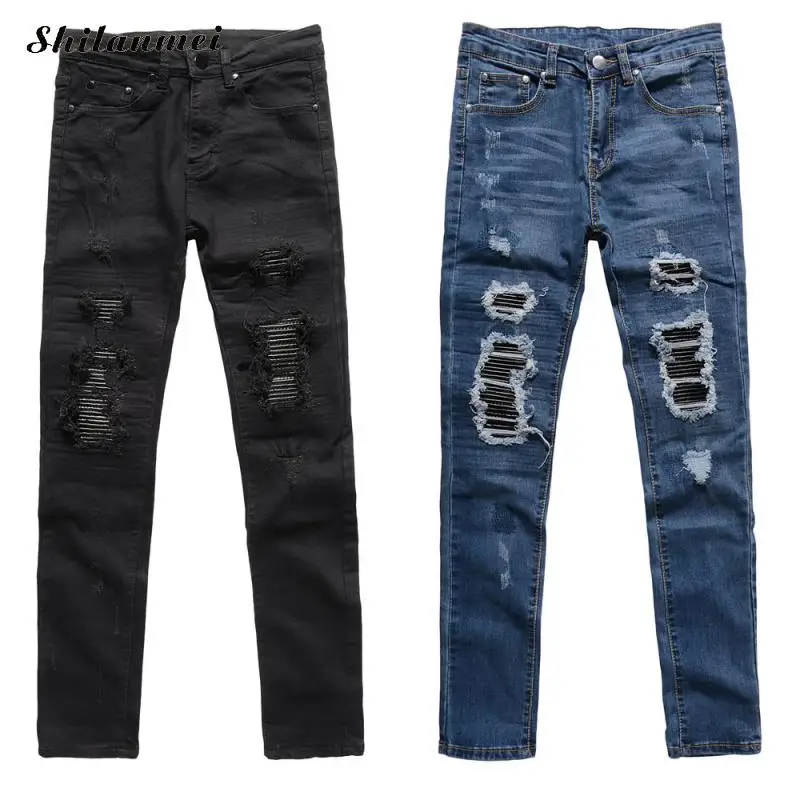 Denim Men Jeans 2017 fake designer clothes man biker jeans frayed patchwork slim ripped Middle Waist skinny motorcycle jeans men