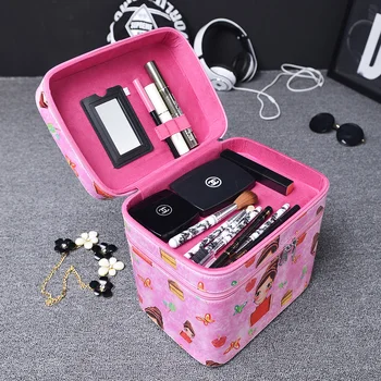 Hot Cartoon Women PU Leather Cosmetic Bags Double Layer Travel Make Up Storage Large Capacity Makeup Bag Girl Organizer Cases