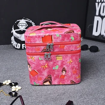 Hot Cartoon Women PU Leather Cosmetic Bags Double Layer Travel Make Up Storage Large Capacity Makeup Bag Girl Organizer Cases