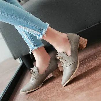 Western Style Lace Up White Ladies Summer Shoes Pointed Toe Square Med Heel PU leather Woman Pumps Ladies Shoe Size 34-43