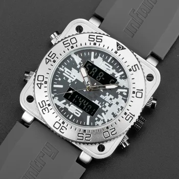 INFANTRY Men Sport Digital Watches Military Army Outdoor Dual Display Quartz Watch Waterproof Square Face Rubber Band Male Clock