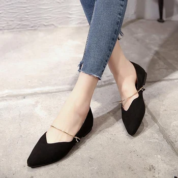 Tangnest 2017 Spring Woman Flock Flats Metal Buckle Strap Pointed Toe Ballet Flats New Fashion Solid Casual Woman Shoes XWD5561